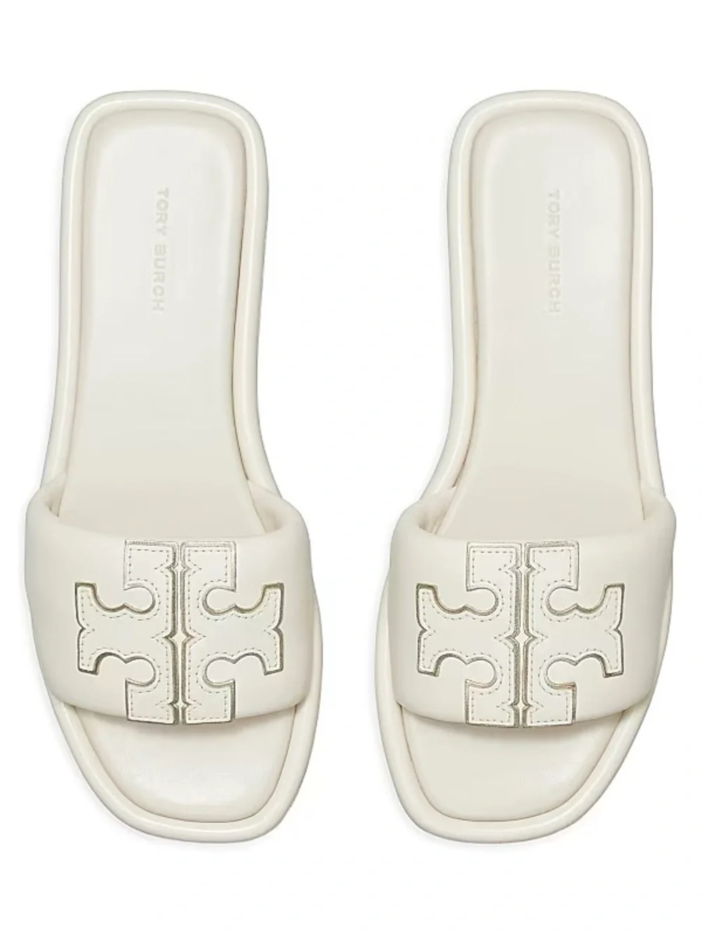 Tory Burch Double-T Monogram Padded Leather Slide Sandals in Light Cream SB9